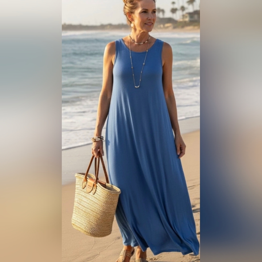 J.Jill Maxi Midi length Dress Sleeveless Tank Teal Blue stretch Jersey Knit S